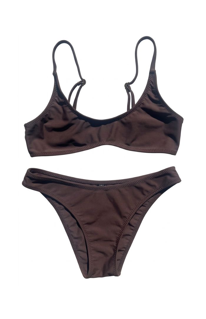 front view product image on a white background of the SUHN Swim maui brown scoop bikini set